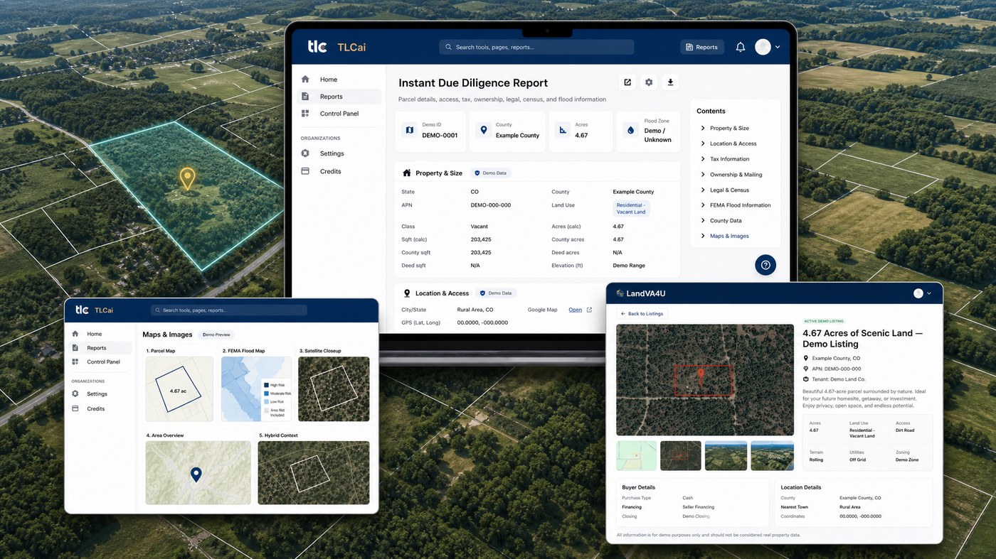 TLCai product screens over aerial land imagery